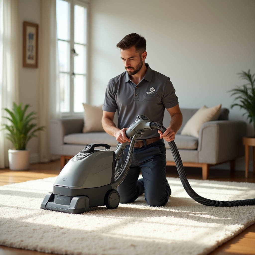 Technik provádí extrakční čištění koberce v obývacím pokoji